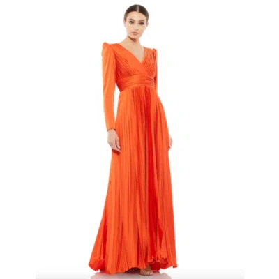 Pre-owned Mac Duggal Dress Size 10 Evening Gown Pleated V Neck Sunset Orange
