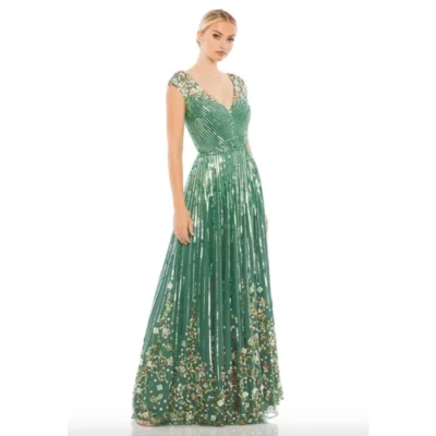 Pre-owned Mac Duggal Dress Size 12 Evening Gown Sequin Green Floral Beaded Embellished