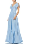 Mac Duggal Satin Flounce Split Sleeve Gown In Blue