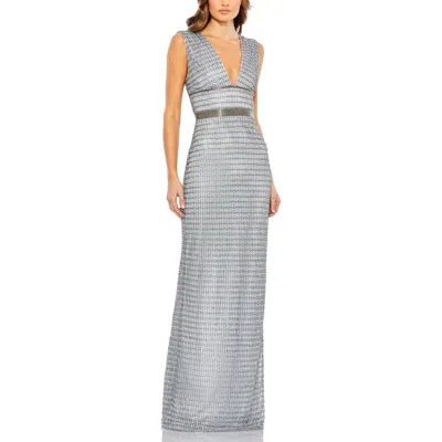 Mac Duggal Sleeveless Beaded V Neck Column Gown In Gray