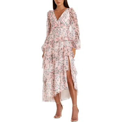 Mac Duggal Elegant Puff Sleeve Floral Midi Dress With A-line Silhouette And Side Pockets