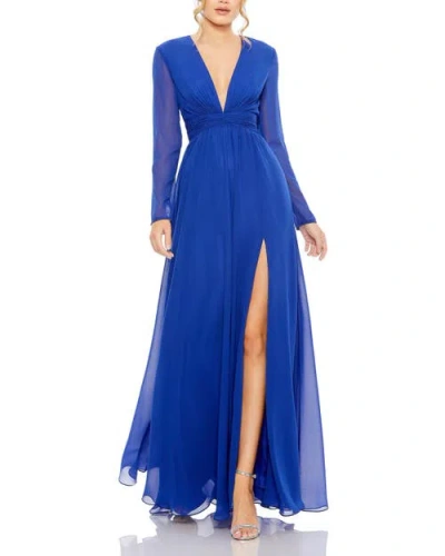 Mac Duggal Elegant V-neck Front Twist Long Sleeve Dress In Blue