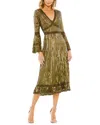 Mac Duggal Embellished 3/4 Sleeve V Neck A Line Dress In Green