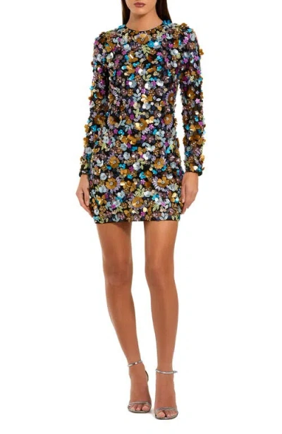 Mac Duggal Embellished 3d Sequin Long Sleeve Mini Dress In Multi