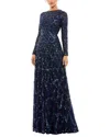 Mac Duggal Embellished Illusion High Neck Long Sleeve A Line Gown In Blue