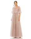 Mac Duggal Embellished A Line Dress With Feather Detail Cape In Mocha