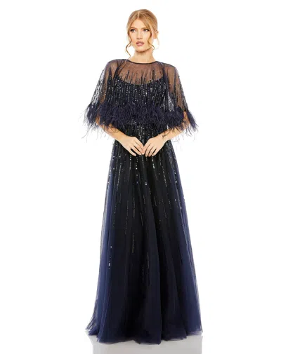 Mac Duggal Embellished A Line Dress With Feather Detail Cape In Navy
