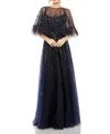 Mac Duggal Embellished A Line Dress With Feather Detail Cape In Navy