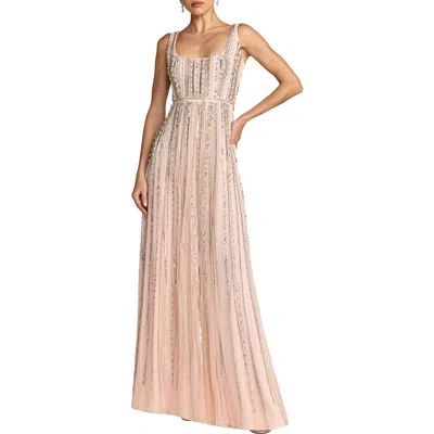 Mac Duggal Embellished A-line Gown With Striped Details Dress In Pink