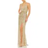 Mac Duggal Embellished Bead And Sequin Halter Strap Trumpet Gown In Gold