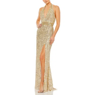 MAC DUGGAL MAC DUGGAL EMBELLISHED BEAD AND SEQUIN HALTER STRAP TRUMPET GOWN