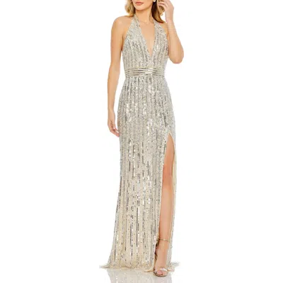Mac Duggal Embellished Bead And Sequin Halter Strap Trumpet Gown In Silver Nude
