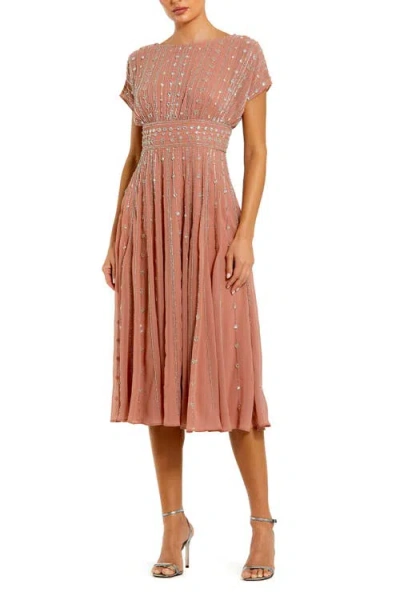 Mac Duggal Embellished Beaded Georgette Blouson A-line Midi Dress In Brown