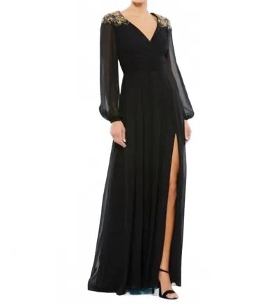 Mac Duggal Embellished Blouson Sleeve Formal Evening Gown In Black