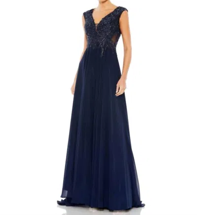 Mac Duggal Embellished Bodice Cap Sleeve Dress In Navy