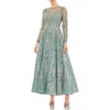Mac Duggal Embellished Bow Belt Illusion Long Sleeve A Line Dress In Jade