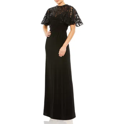 Mac Duggal Embellished Butterfly Cape Sleeve Jersey Gown In Black