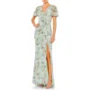 Mac Duggal Sequin Flutter Sleeve Chiffon Gown In Seamist
