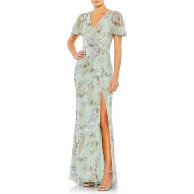 MAC DUGGAL MAC DUGGAL EMBELLISHED BUTTERFLY SLEEVE FAUX WRAP GOWN