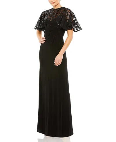 Mac Duggal Embellished Butterfly Cape Sleeve Jersey Gown In Black