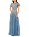 Mac Duggal Embellished Butterfly Sleeve High Neck Gown In Slate Blue