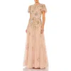 Mac Duggal Embellished Butterfly Sleeve High Neck Gown In Neutral