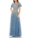 Mac Duggal Flutter Sleeve A-line Gown In Slate Blue