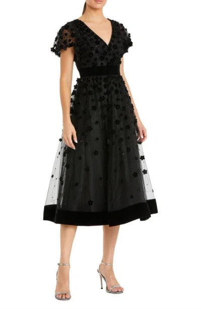 Mac Duggal Embellished Butterfly Sleeve Velvet Hem Midi Dress In Black