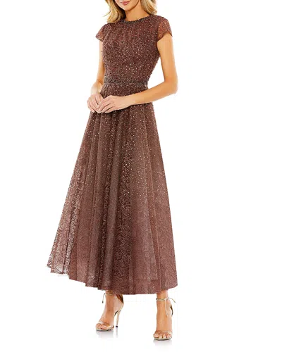Mac Duggal Embellished Cap Sleeve A Line Dress In Brown
