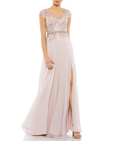 Mac Duggal Embellished Cap Sleeve Bodice Flowy Gown In Rose