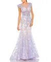 Mac Duggal Embellished Cap Sleeve Cowl Neck Trumpet Gown In Lilac Nude