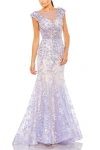 Mac Duggal Embellished Cap Sleeve Cowl Neck Trumpet Gown In Purple