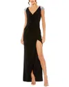 Mac Duggal V-neck Embellished Cap Sleeve Faux Wrap Slit Gown In Black