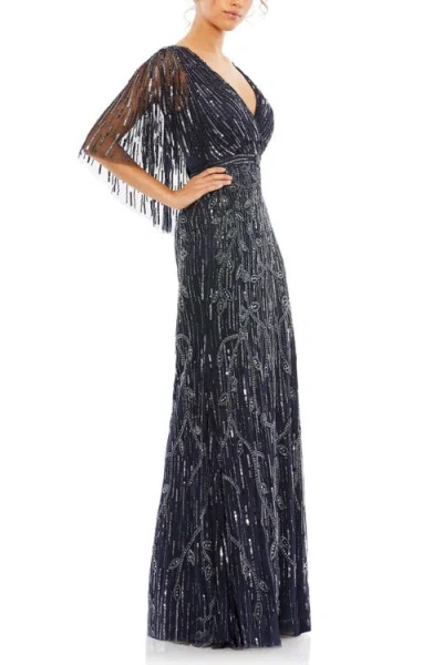Mac Duggal Embellished Cap Sleeve Faux Wrap Trumpet Gown In Midnight