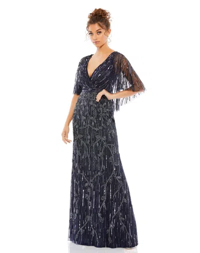Mac Duggal Embellished Cap Sleeve Faux Wrap Trumpet Gown In Multi