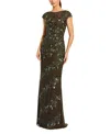 Mac Duggal Beaded High Neck Cap Sleeve Column Gown In Black