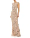 Mac Duggal Embellished Bateau Neck Cap Sleeve Gown In Nude/silver