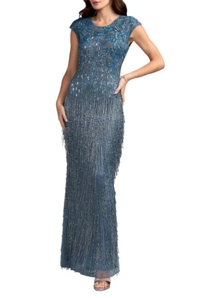 Mac Duggal Embellished Cap Sleeve Gown With Fringe Beading In Blue