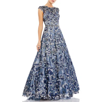 Mac Duggal 79325 Long Beaded Floral A Line Formal Prom Dress In Blue