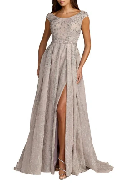 Mac Duggal Embellished Cap Sleeve High Slit A Line Gown In Purple