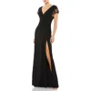 Mac Duggal Embellished Cap Sleeve Jersey Wrap Gown In Black Multi