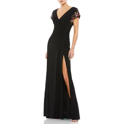 Mac Duggal Embellished Cap Sleeve Jersey Wrap Gown In Black Multi