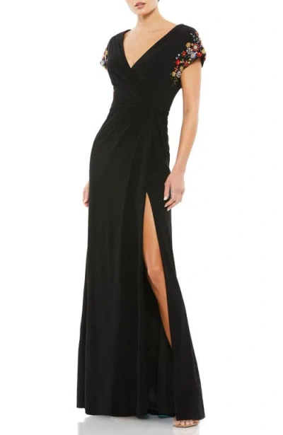 MAC DUGGAL MAC DUGGAL EMBELLISHED CAP SLEEVE JERSEY WRAP GOWN