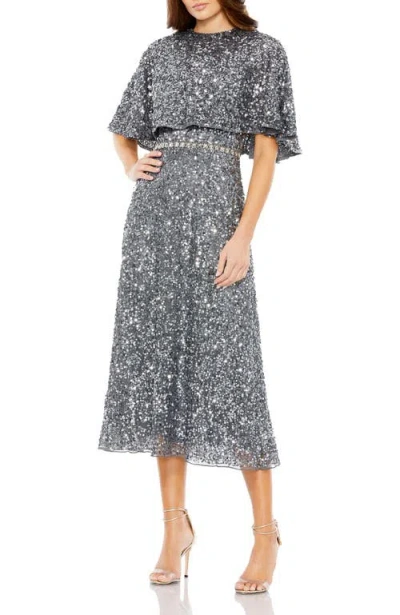 Mac Duggal Embellished Cape High Neck Midi Dress In Charcoal