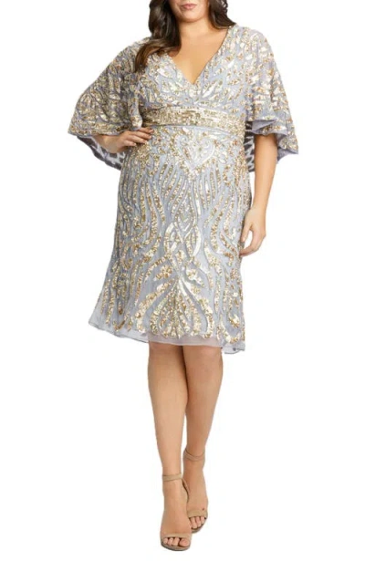 Mac Duggal Embellished Cape Sleeve Cocktail Dress In Platinum Gold