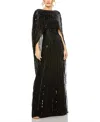 Mac Duggal Embellished Beaded Column Cape Gown In Black