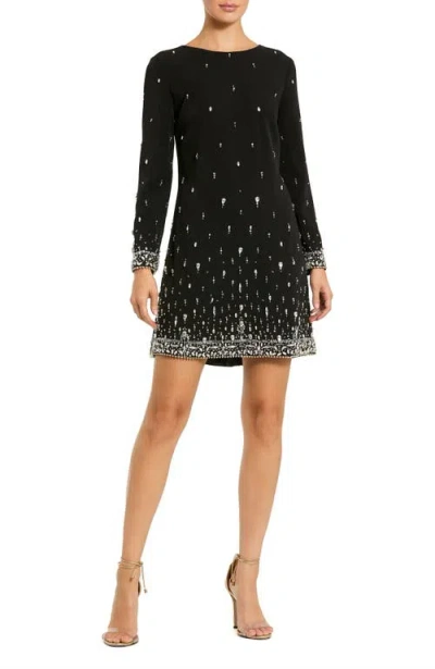 Mac Duggal Embellished Crepe Long Sleeve Mini Dress In Black