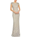 Mac Duggal Embellished Crystal Cap Sleeve Column Gown In Neutral