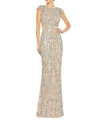 Mac Duggal Damask Sequin Open Back Gown In Nude Multi