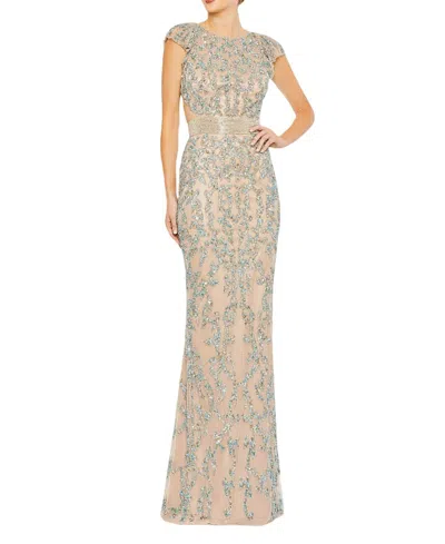 MAC DUGGAL EMBELLISHED CUT OUT LACE UP CAP SLEEVE GOWN